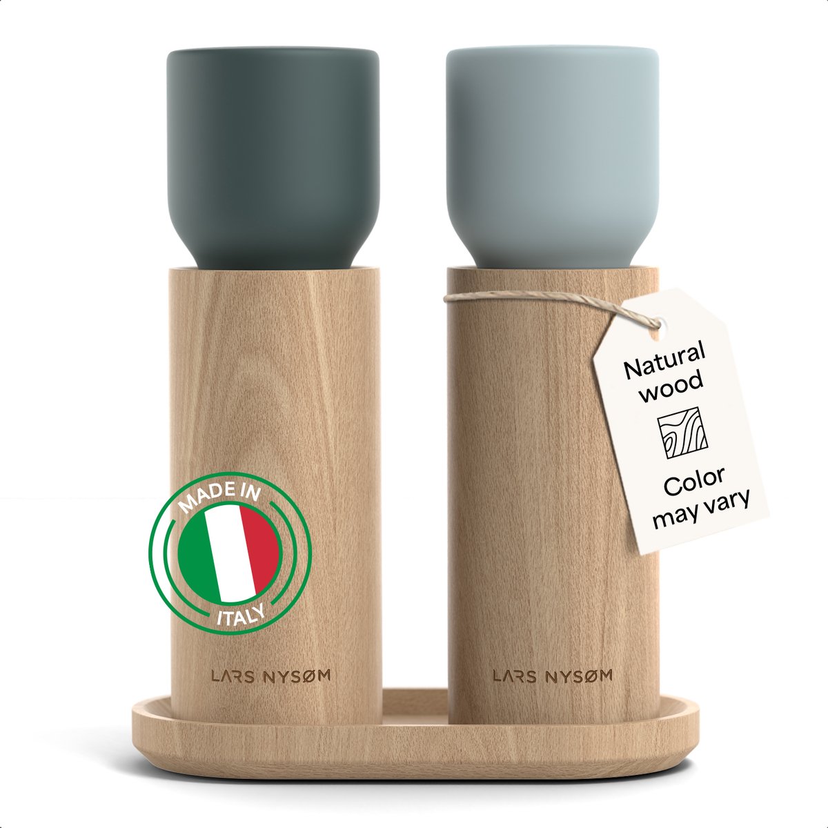 LARS NYSØM LARS NYSØM houten peper- en zoutmolenset met dienblad – Handmatige molens met verstelbare keramische maalwerken – Elegante beukenhouten set voor keuken of tafel (Stone Blue/Sky Blue)