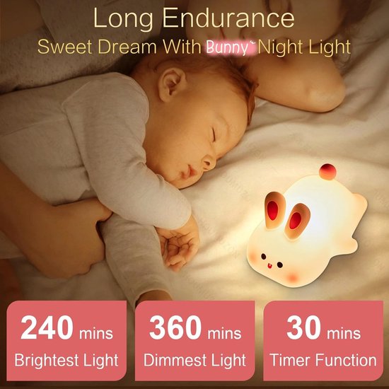 Squishy Konijnen Nachtlampje - Schattige LED Konijn Lamp - Dimbare Oplaadbare Nachlicht - Voor Babykamer en Studentenkamer - Aanraakbediening van Merkloos — afbeelding 4