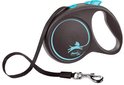 Zwarte flexi riem met blauwe accenten en een zilverkleurige clip.