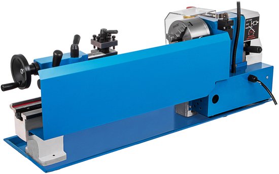 Blauwe metalen minidraaibank met zilveren details en een geïntegreerd werkstukbeschermingspaneel.