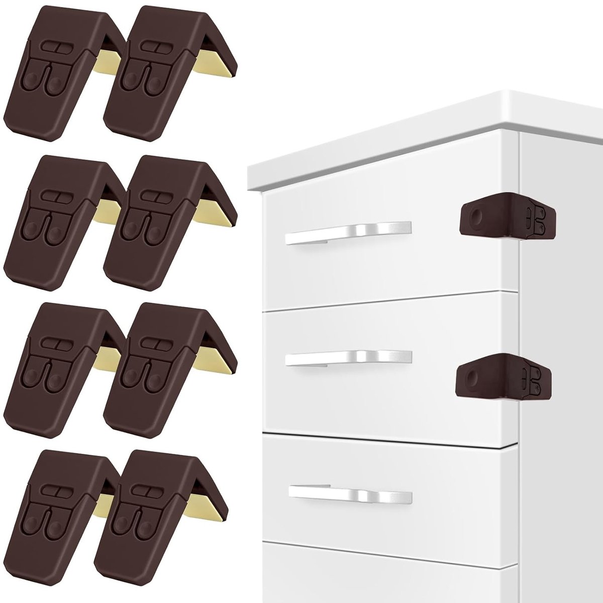 Babykastsloten - 8 stuks kindveilige kastsloten, kindveilige kastsloten, kindveilige hoekladesloten met sterke lijm voor ladekasten, bruin