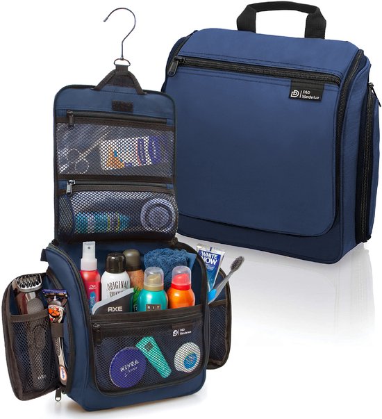 D&D Wanderlust Toilettas met Haak - Ophangbare Luxe Travel Organizer met 10 vakken - Blauw - Unisex Dames & Heren - 6 liter inhoud - Reis Toilettas Hangend Groot