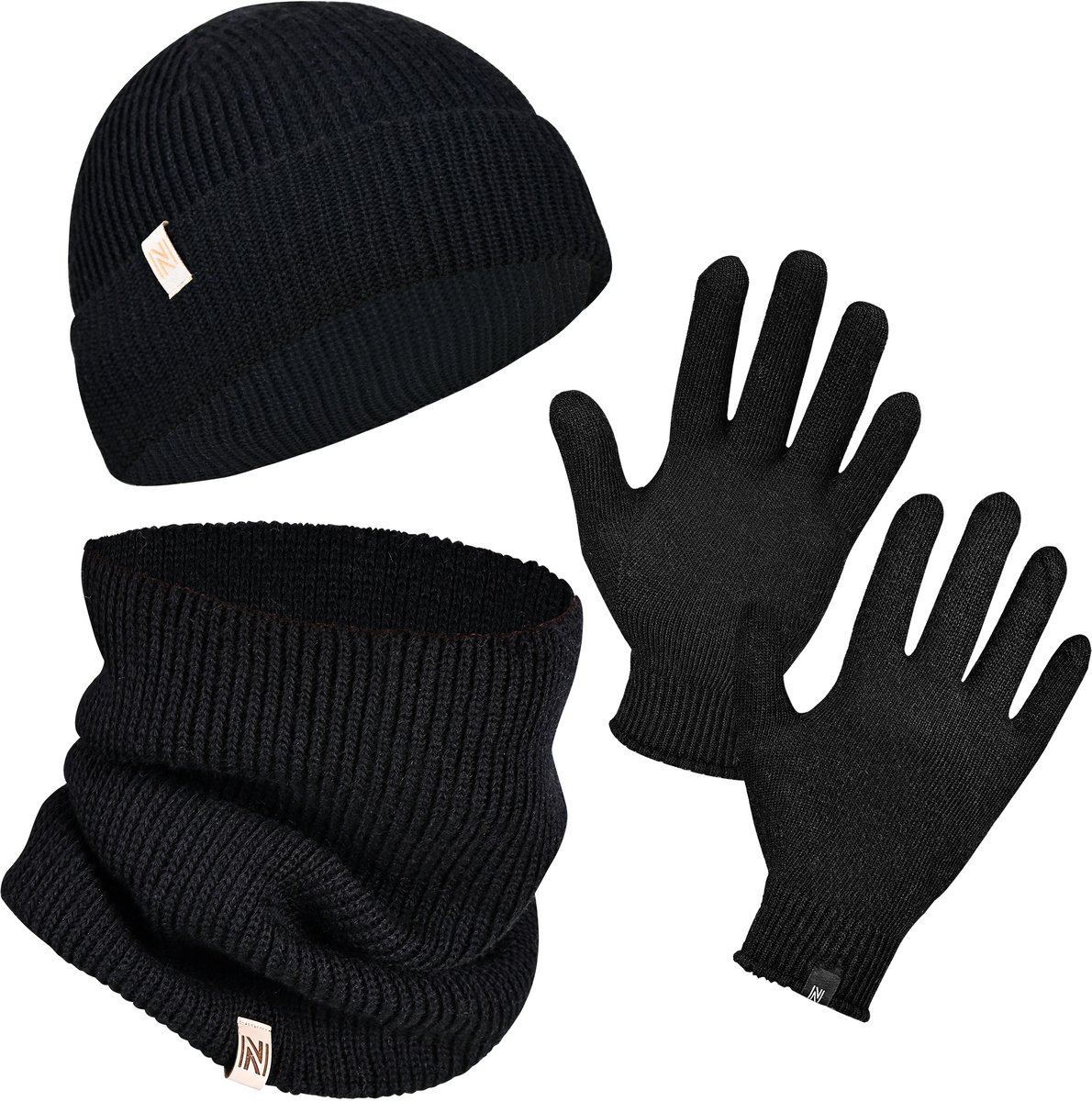 Norfolk Winterset - 70% Merino Wol Muts - Handschoenen en Nekwarmer Set - Premium Gebreide, Warm en Zacht - Cadeauset - S/M - Zwart