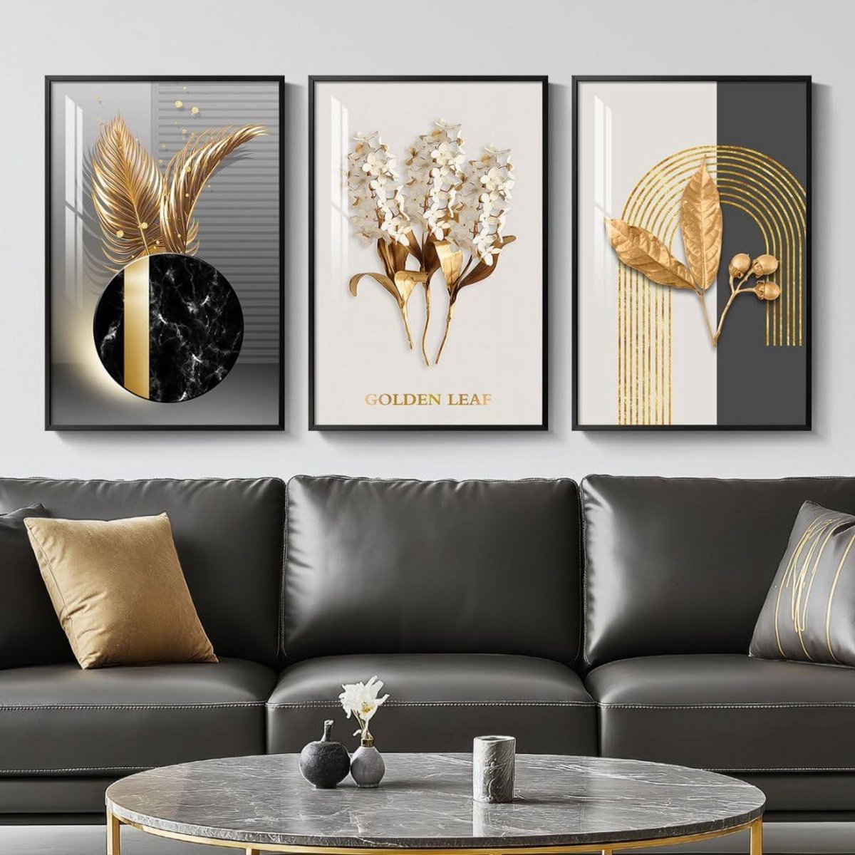 Set van 3 Grote Abstracte Muurdecoratie Zwart Wit Goud – Ingelijste Schilderijen voor Woonkamer