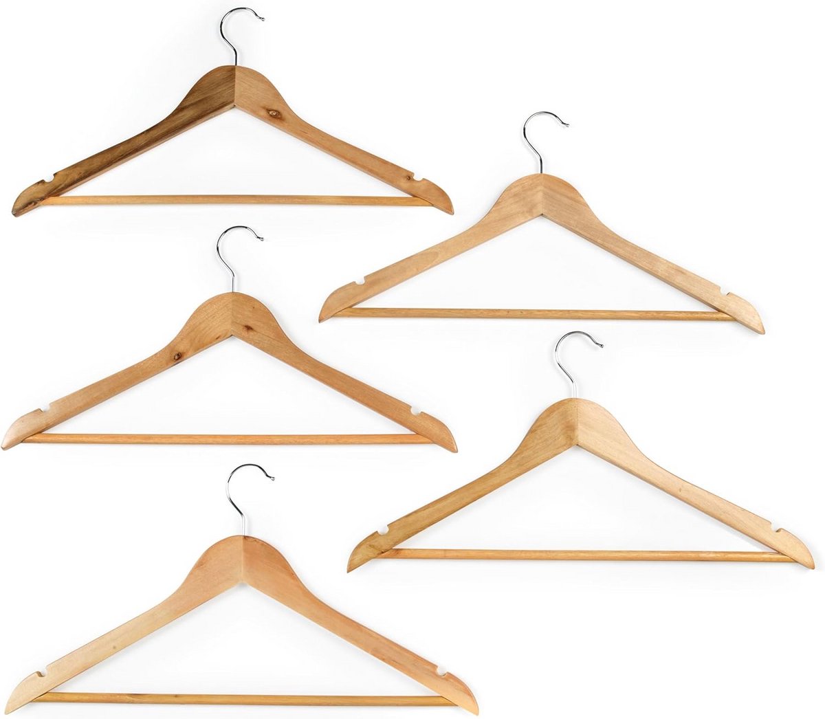 Houten Kledinghangers met Broeklat - Set van 5 Stevige Kledingroedes