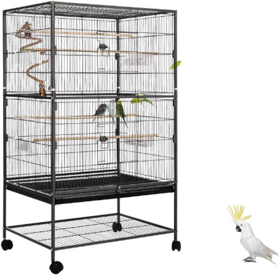 Volière NaevaMi - Volières - Volière avec Support - Cage à Perruches - Cage à Perroquets - Sur Roulettes - Convient pour 2 à 3 Grands Oiseaux - Antidérapant - Avec Tiroir Amovible - Convient pour Intérieur et Extérieur - 79 x 51 x 132 cm - Zwart
