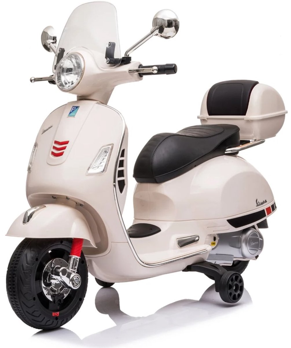Vespa GT Full Option Elektrische Kinderscooter 3 tot 6 jaar – Officieel Gelicentieerde Kinder Vespa met Kofferbak & Verwijderbare Zijwieltjes – Li-ion Kindermotor met Kunstlederen Zitje, MP3 AUX & USB – Wit