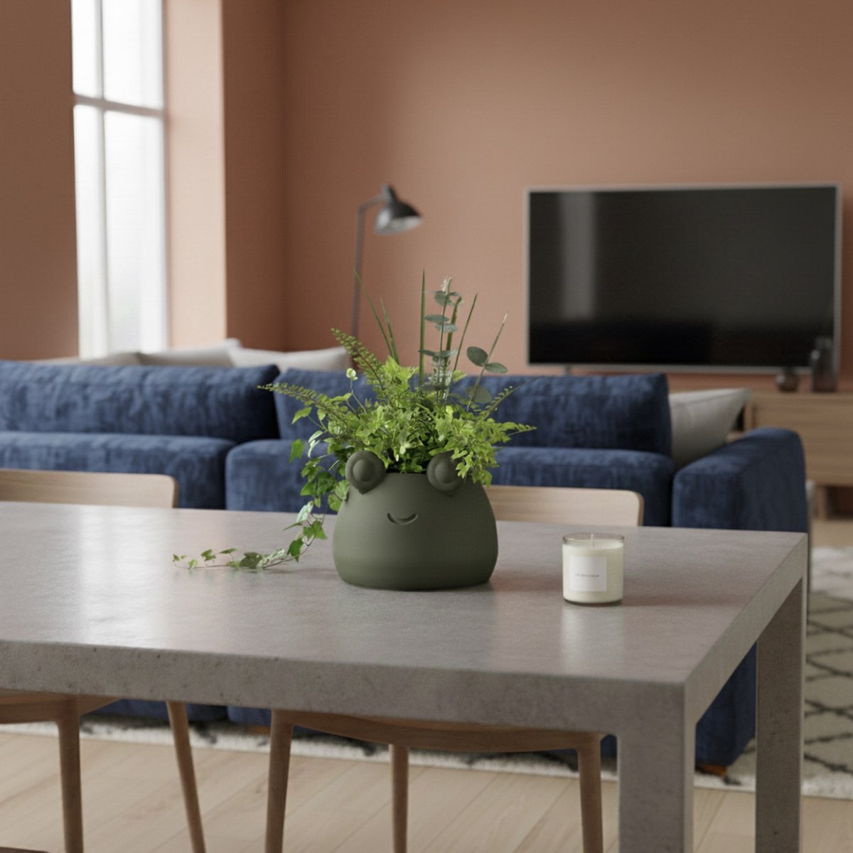 PlantjeKop Bloempot met gezicht – Vrolijke design bloempot – Cartoonbloempot – Geschikt voor kamerplanten – 100% waterdicht – rond 10,5 cm – Planten met karakter – Donkergroen | FroggieKop