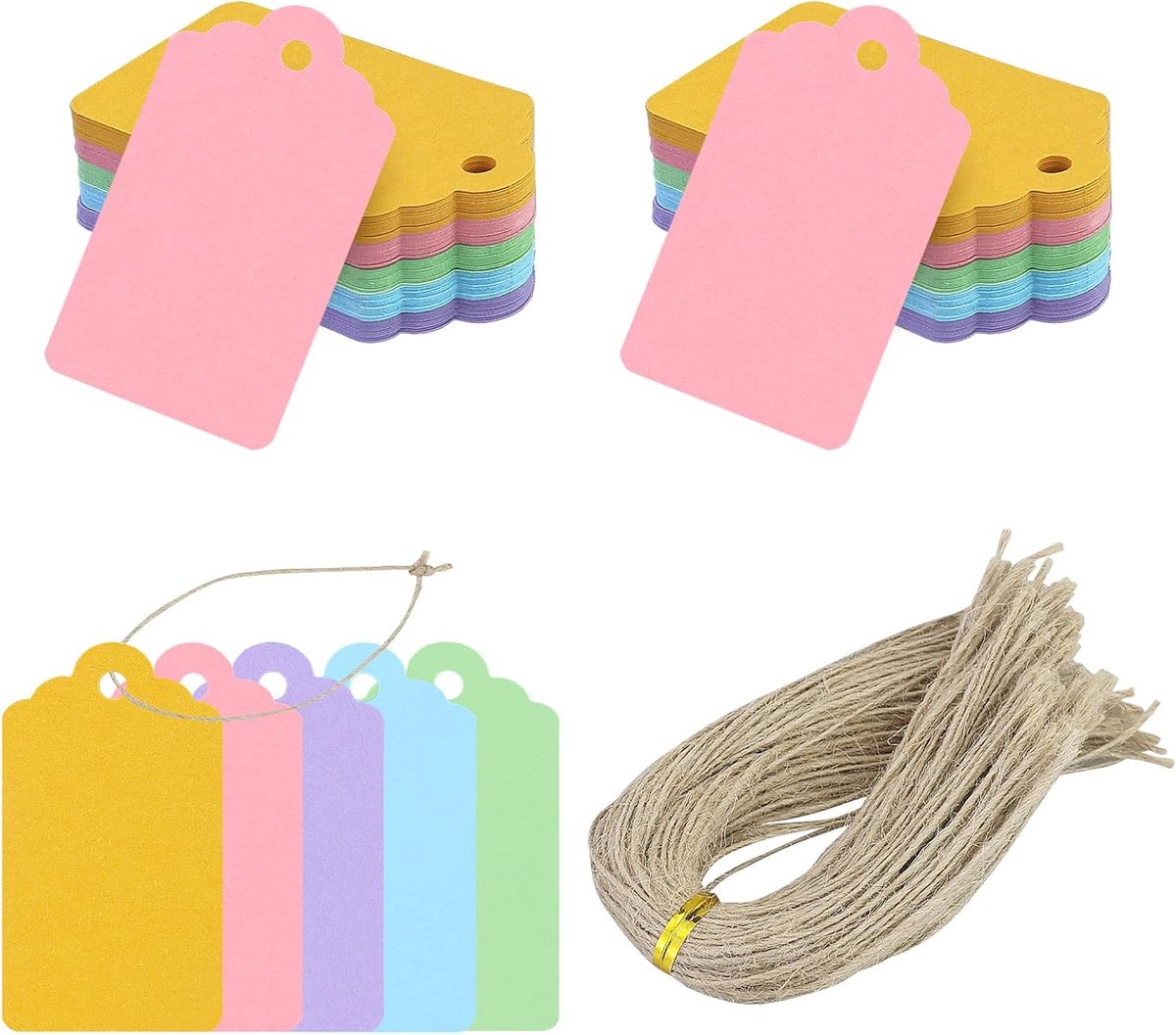 Imperatoris - Cadeau Tags - Labels - Kado Etiketten - Kraftpapier - Roze, blauw, geel, groen en paars - Karton aan touwtjes - 150 stuks - 7 x 4 cm - 20 m