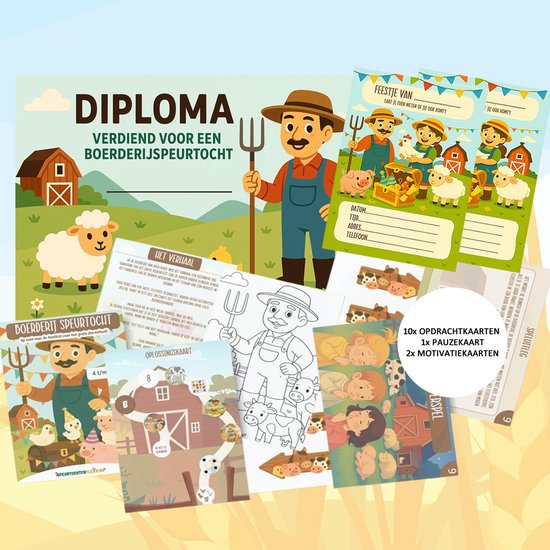 Diploma, opdrachtenkaarten, motivatiekaarten en spelkaarten met boerderijdieren en kinderen.