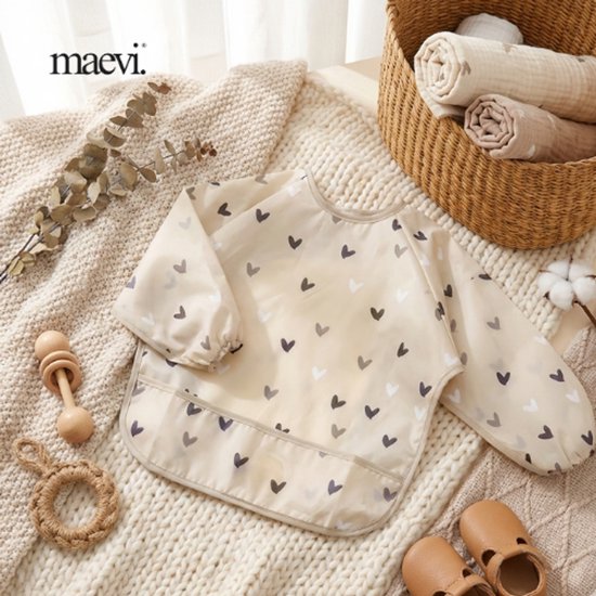 Maevi® Baby Schort / Slabber - Kleur: Beige - Hartjes / Hearts - Luxe Babyslabber - Eerste hapjes - Waterdicht - Maat: 6-18 Maanden - Slabbertje voor Baby's - Babyvoeding / Eten Bescherming - Lange Mouwen van Merkloos — afbeelding 2