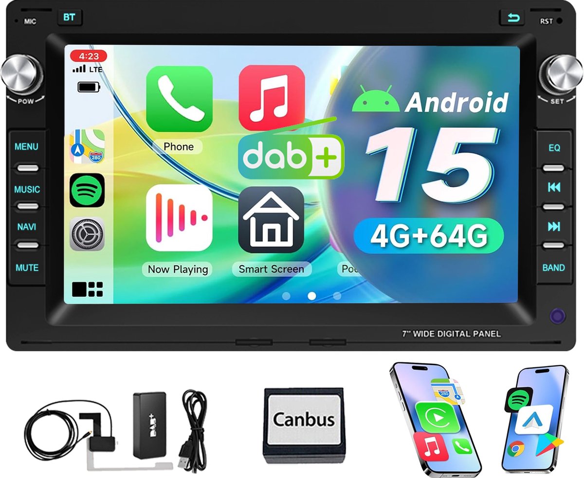 ESSGOO DAB Autoradio - Voor VW Polo Golf MK4 MK3 Passat B5 T5 - 4+64GB - Android 15 - Apple Carplay Android Auto - GPS Wifi BT - Achteruitrijcamera