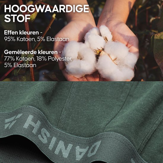 Handen die katoenbollen vasthouden. Close-up van een olijfgroene boxerband met 'DANISH ENDURANCE'.