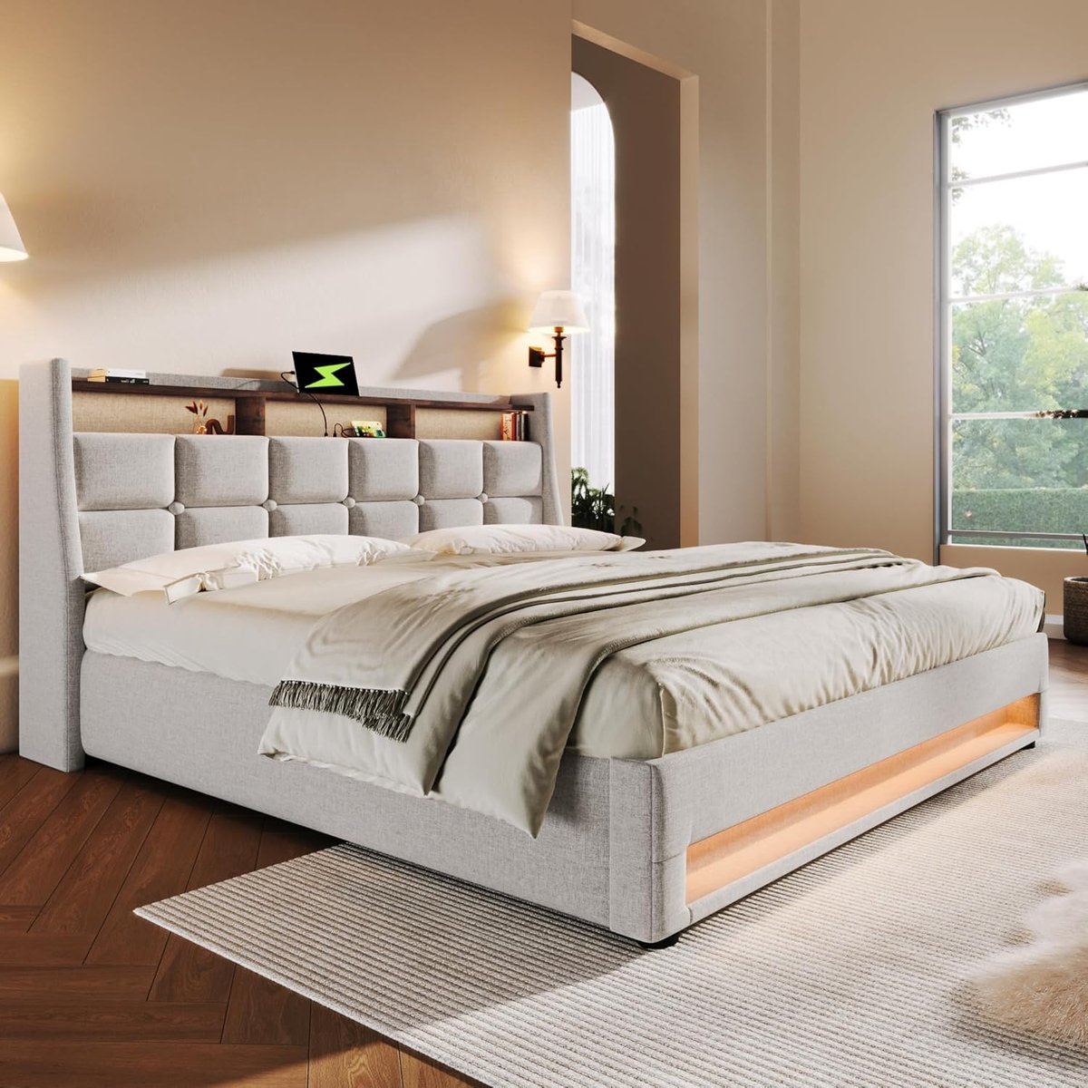Gestoffeerd Opbergbed 180x200 cm met LED Hoofdeinde & USB – Hydraulisch Tweepersoonsbed met Lattenbodem, Opbergruimte & Rugleuning – Beige – Zonder Matras – Pauwhome