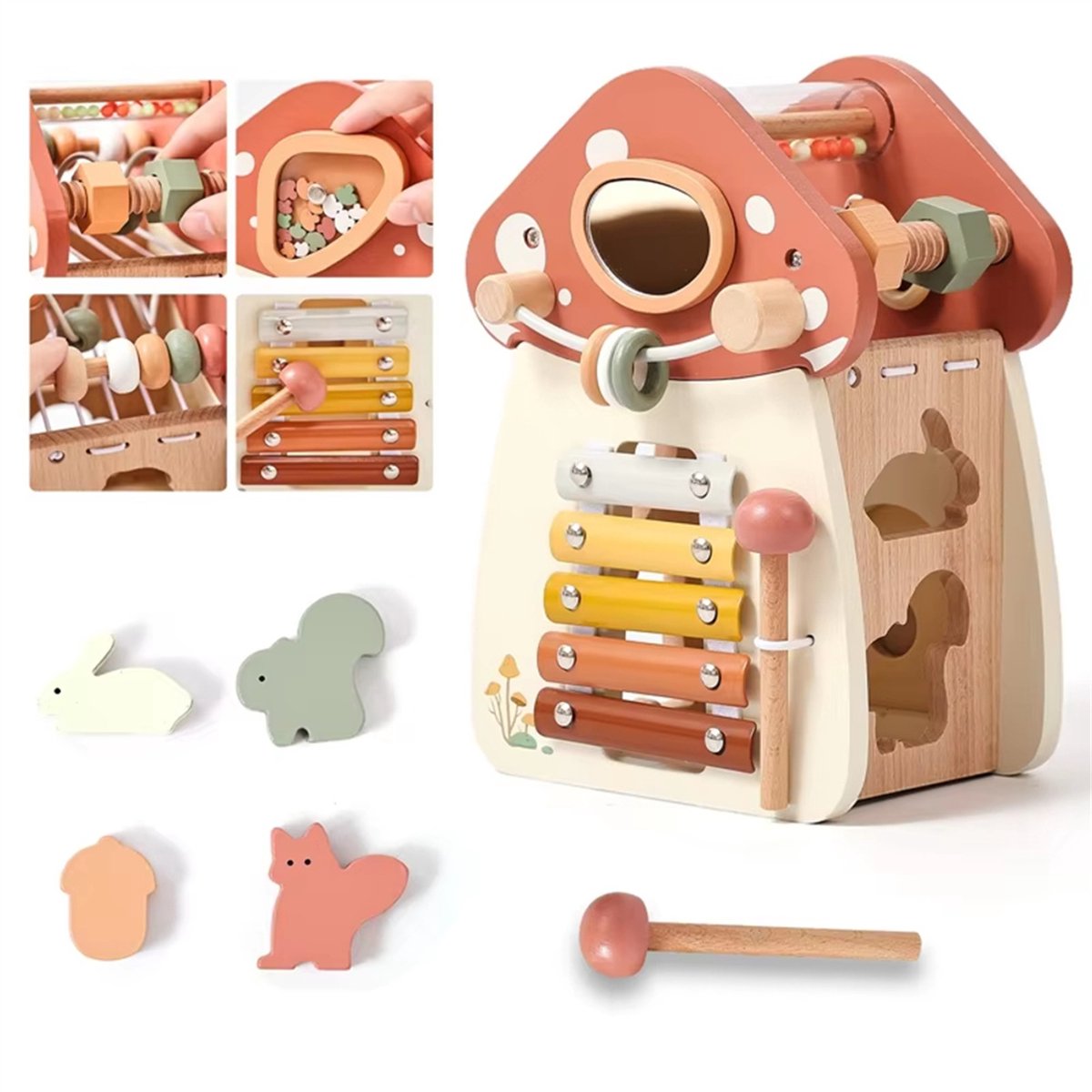 Houten activiteitenkubus voor kinderen, 5-in-1 paddenstoelvormig educatief speelgoed, sorteerspeelgoed volgens de Montessori-methode, sensorisch speelgoed voor onderweg, verjaardagscadeau voor peuters vanaf 1 jaar