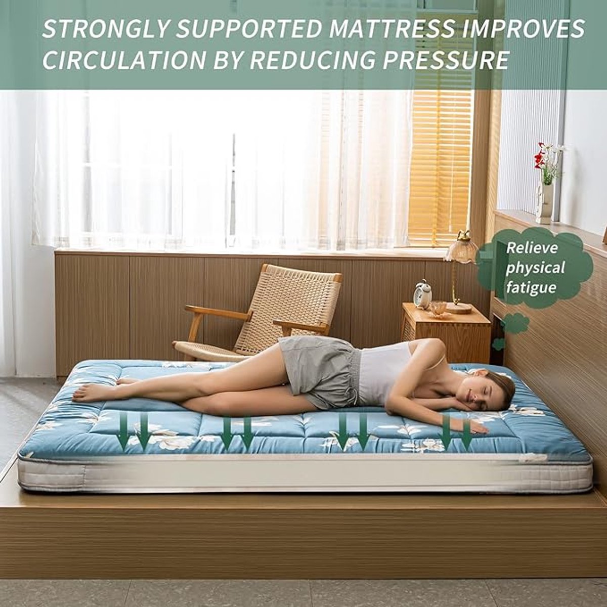 Futonmatras 90 x 190 cm – Dikke Japanse Tatami Vloermat, Opvouwbare Slaapmatras met Traagschuim & Polyester, Medium Stevig, Zwart Bloemen – Pauwhome