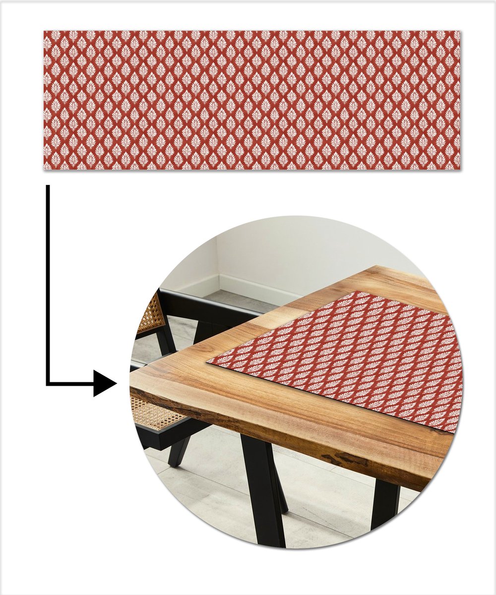 Tafelloper 150x50 cm - Tafelmat vinyl Chic - Patroon - Rood - Wit - Tafeldecoratie - Tafelversiering - Keuken decoratie - Tafel versiering