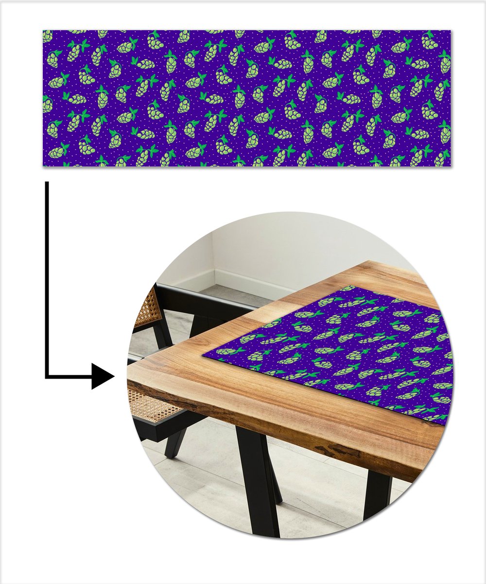 Tafelloper 150x50 cm - Tafelmat vinyl Paars - Groen - Druiven - Blaadjes - Tafeldecoratie - Tafelversiering - Keuken decoratie - Tafel versiering