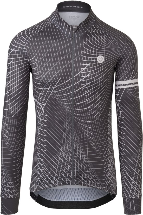 Grijs fietsshirt met lange mouwen voor heren, met een abstract wit lijnpatroon en AGU logo. #EVERYDAYRIDING op de kraag.