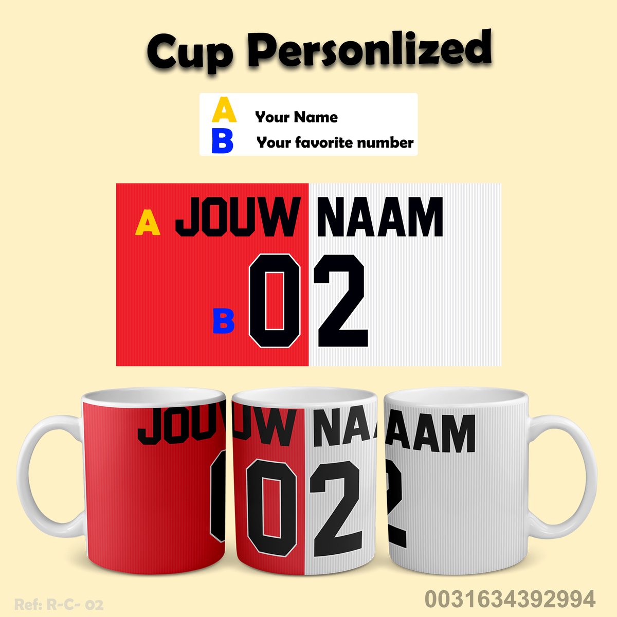 Rotterdam Football Mug - Personalized With Your Name and Number - Football Shirt on Mug - 325 ml - Coffee Mug - Football Gift