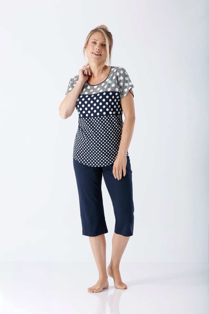 Hajo dames pyjama donkerblauw en stippen - Blauw - Maat - 36/38