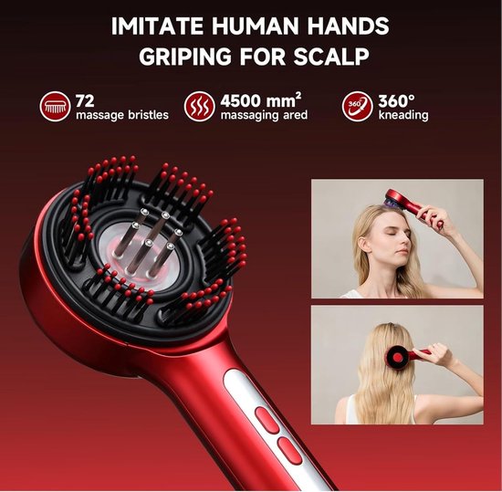 Rood hoofdhuid massageapparaat met 72 massageborstels. Vrouwen gebruiken apparaat op hoofdhuid. "IMITATE HUMAN HANDS GRIPPING FOR SCALP"