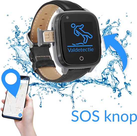 KUUS. S2 Alarm Horloge Ouderen met Valdetectie - Senioren Alarm | Personenalarmering SOS knop Alarmknop voor Ouderen - GPS - Alarmhorloge voor Ouderen | Inclusief simkaart met max €15 gratis beltegoed. | NoodHulpKnop voor ouderen | Lederen Bandje