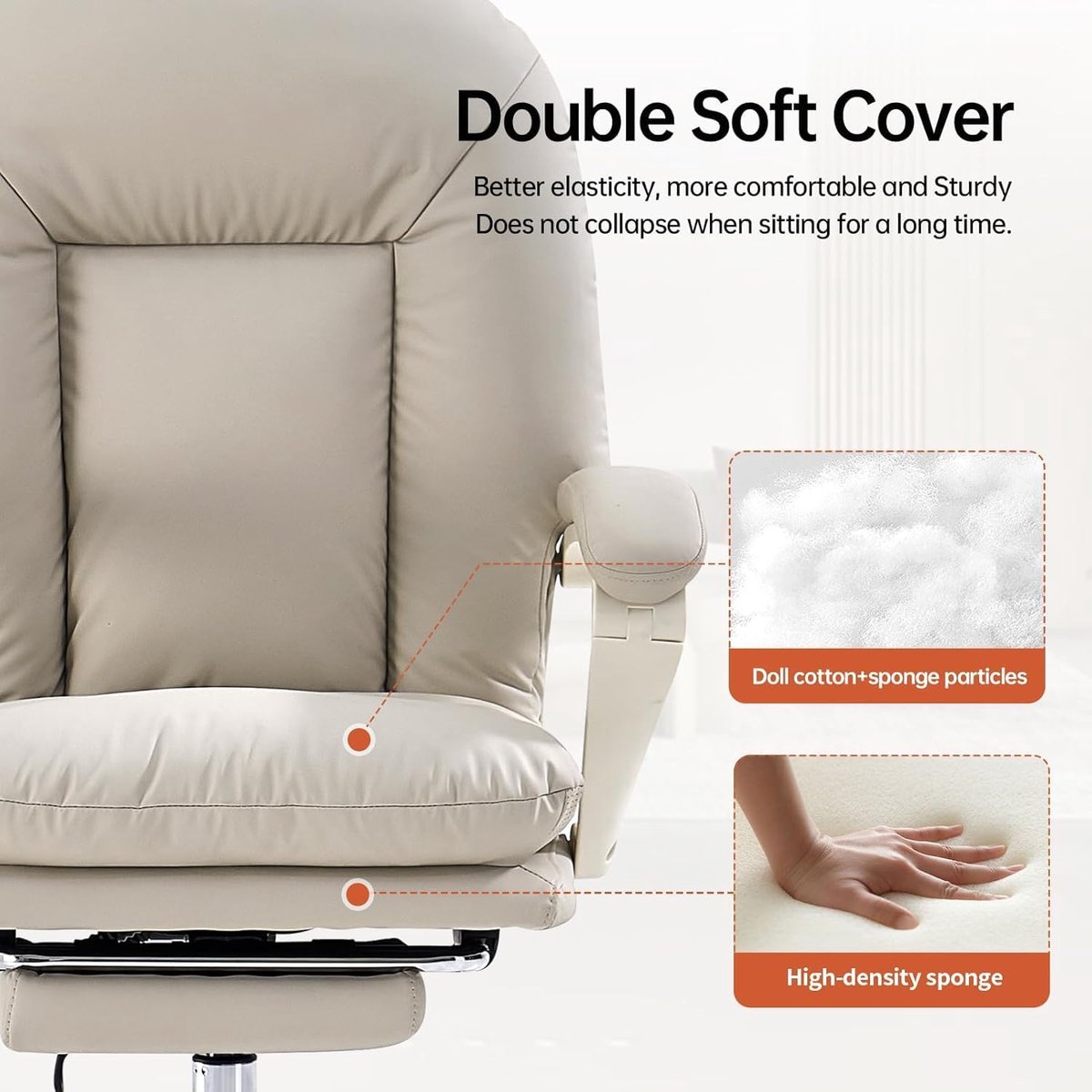 Bureaustoel Casa Velluto Executive Comfort – Ergonomische Mid-Back Stoel met Verstelbare Rugleuning, Voetsteun en Armleuningen, PU-leer, Beige, Draaibaar 360° – Thuiskantoor, Gaming en Home Office