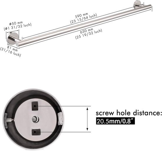 Dimensions d'un porte-serviettes chromé, avec un diamètre de 50 mm et une longueur de 590 mm.