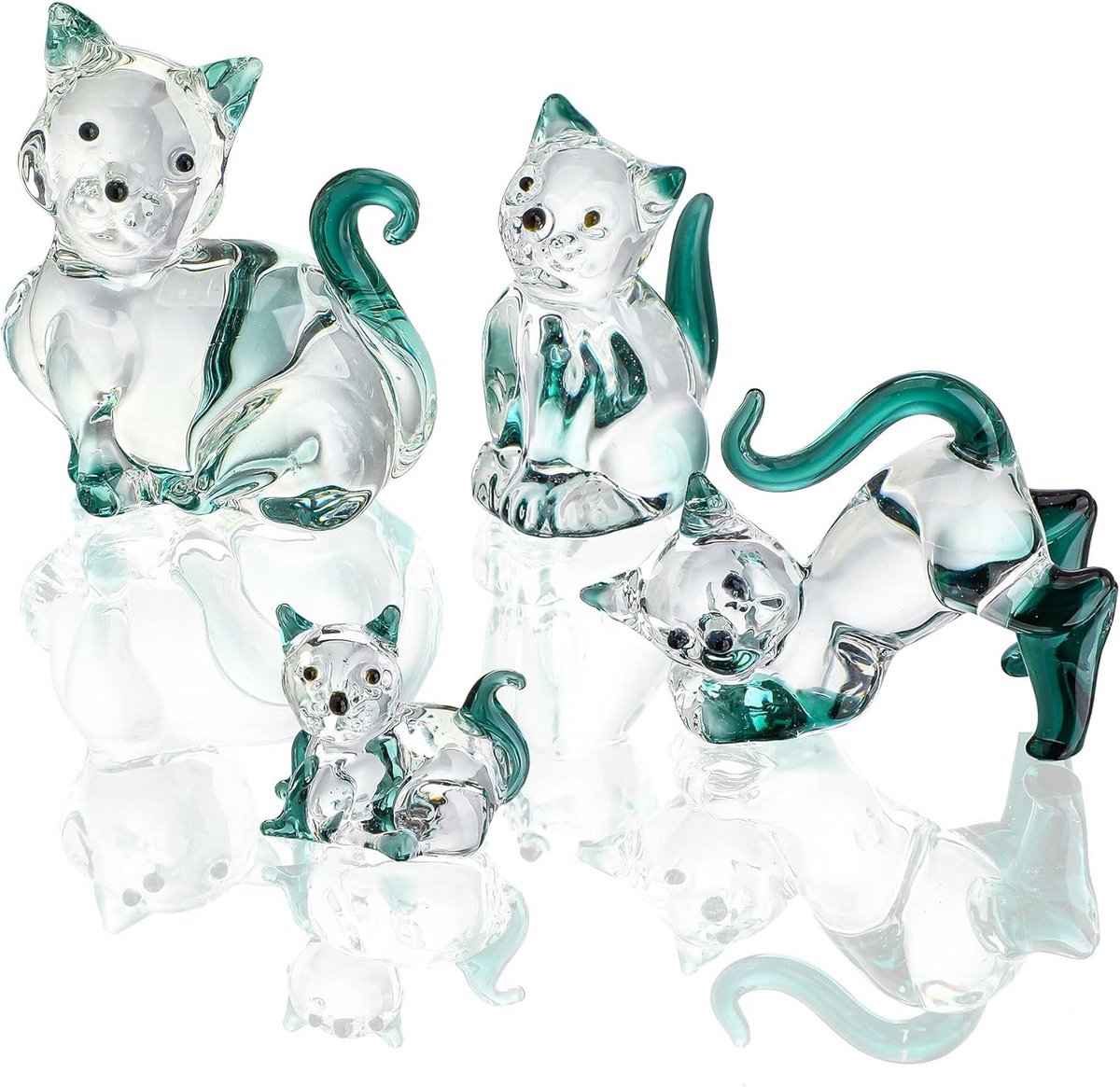 Set van 4 Geblazen Glazen Kat Beeldjes - Emerald Groene Kristallen Sculpturen