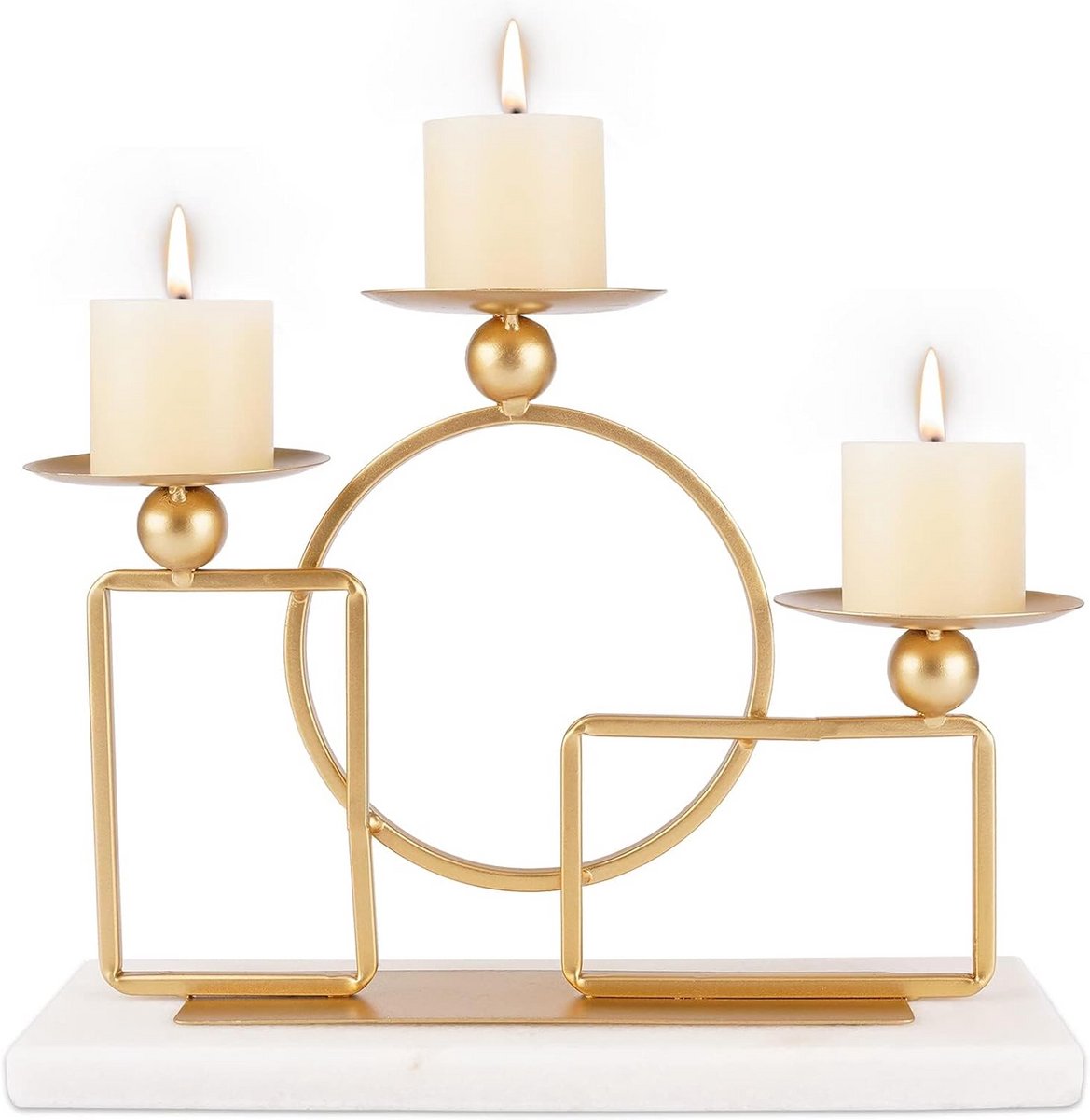 Gouden kandelaars met marmeren basis voor pijlerkaarsen - Elegante metalen decoratie voor tafels en open haard