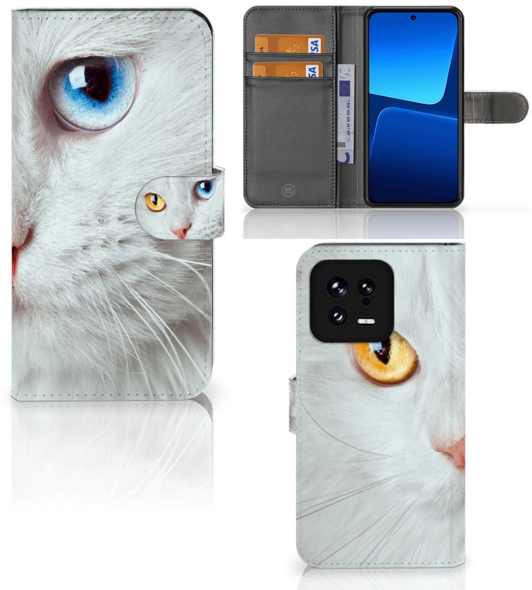 Xiaomi 13 Telefoonhoesje met Pasjes Witte Kat