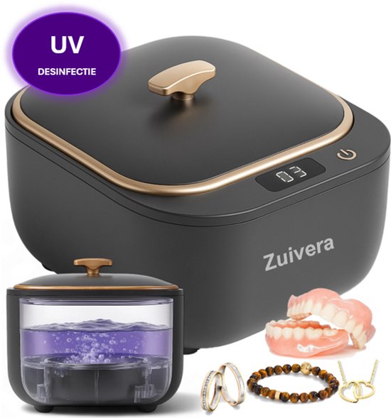 Zuivera® Ultrasoon Reiniger - Kunstgebit Reiniger - Sieraden Reiniger - 250ML - Zwart - 22W - Gebitsbakje - Beugelbakje - Ultrasone Reiniger