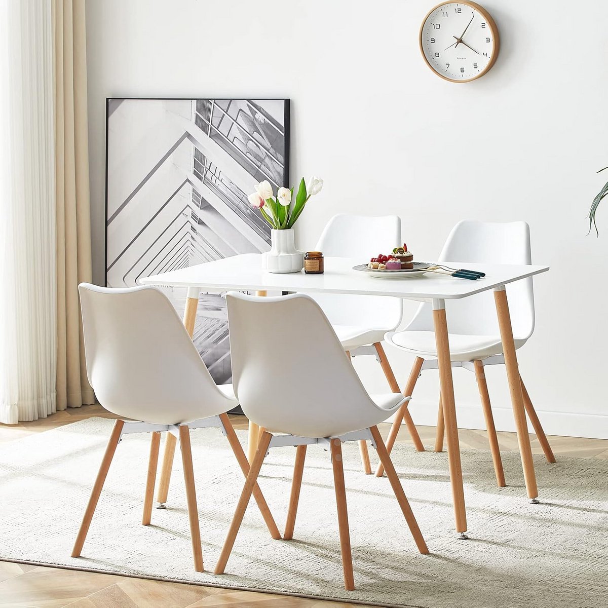Rechthoekige Eettafelset met 4 Stoelen - Wit