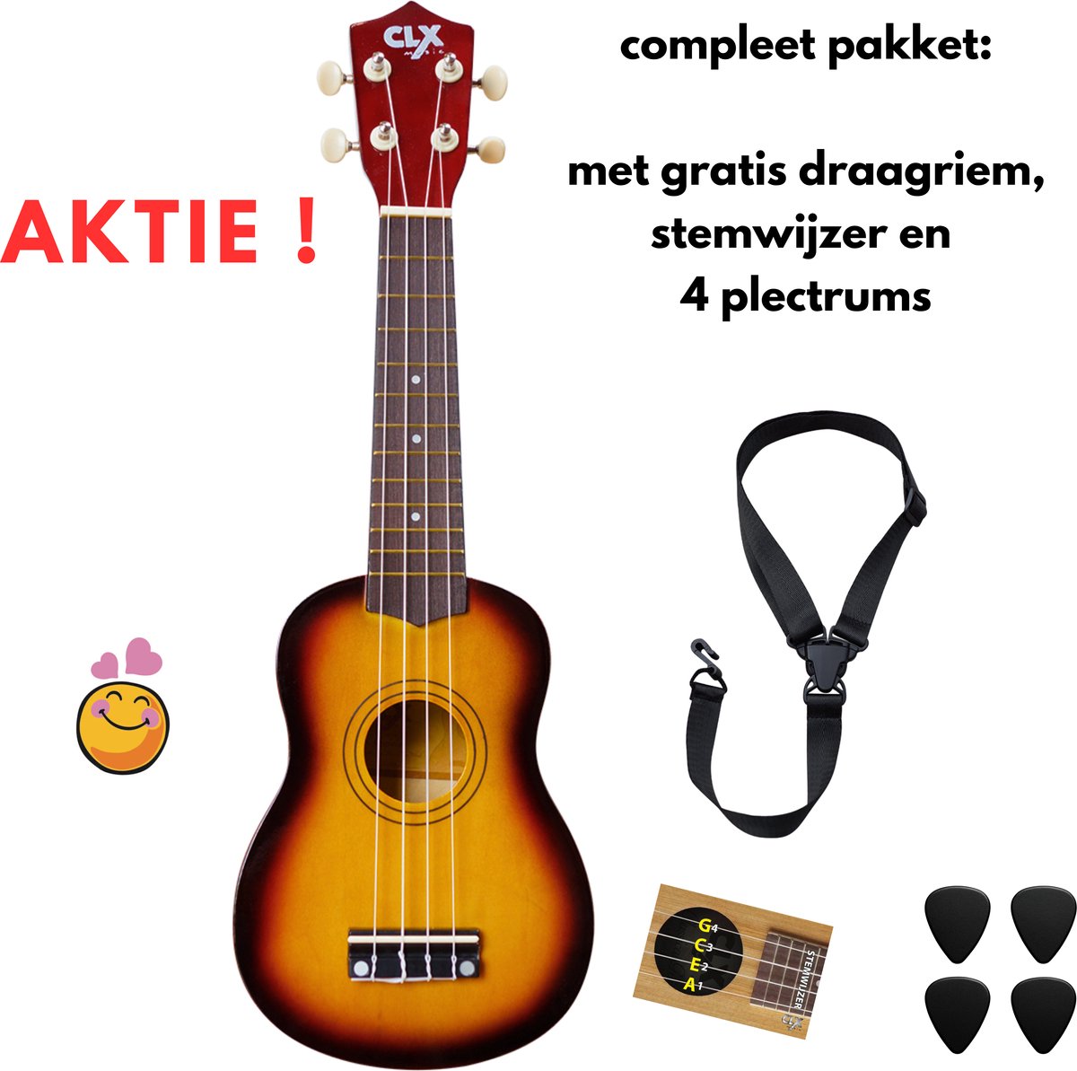 CLX Sunburst Ukelele Pakket – incl. gratis accessoires