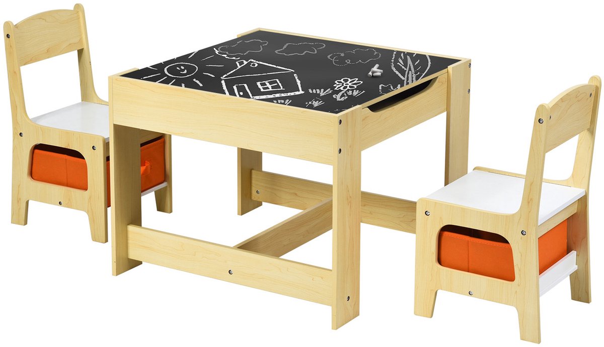 Kinder Tafel & Stoel Set – Activiteitentafel met Dubbelzijdig Tafelblad – Opbergruimte & Twee Opvouwbare Bakken – Houtkleur