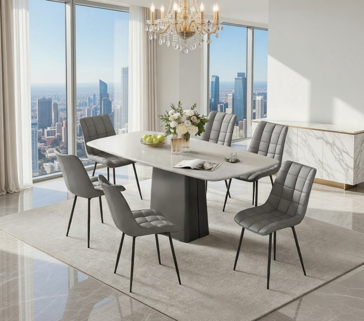 Luxe Comfort Eetkamerstoelen Set van 6 – Gestoffeerde Kunstleren Keukenstoelen met Rugleuning en Metalen Poten – Moderne Eetkamerstoelen Belastbaar tot 150 kg – Grijs – Novihome