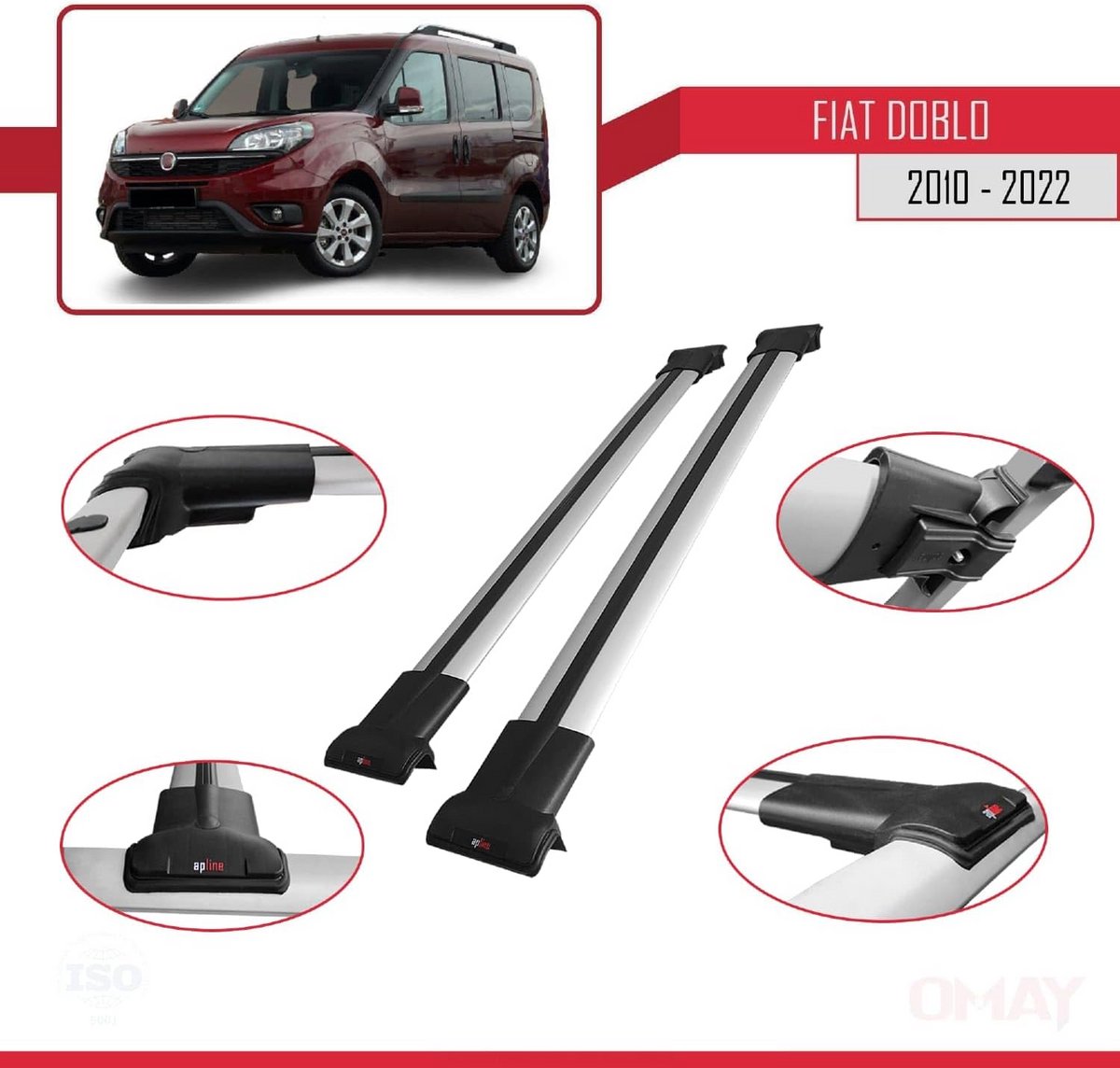 Dakdrager voor Fiat Doblo 2 (2010-2022) - Aluminium Spoorstaven voor Fietsen, Ski's en Dakkoffers thumbnail 6