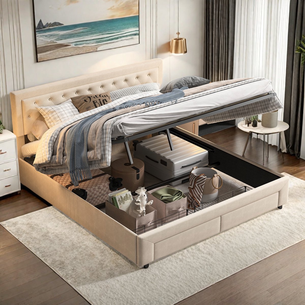 160x200 Fluwelen Opbergbed Beige – Gaslift Tweepersoonsbed met 2 Grote Lades bij Voeteneinde & Verborgen Opbergruimte – Bed 160x200