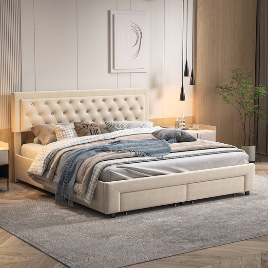 180x200 Fluwelen Opbergbed Beige – Gaslift Tweepersoonsbed met 2 Grote Lades bij Voeteneinde & Verborgen Opbergruimte – Bed 180x200