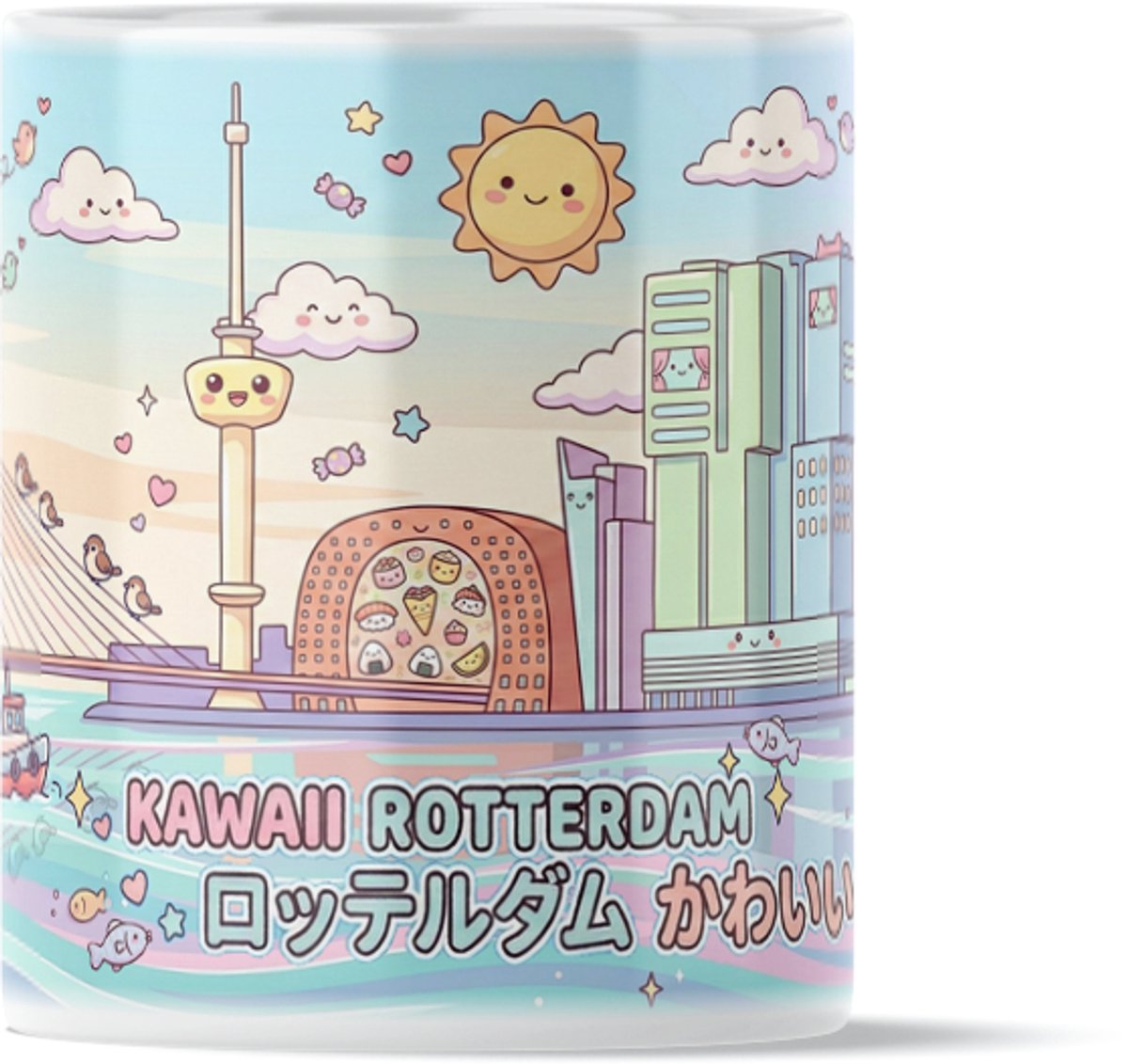 Kawaii Rotterdam Mok - Koffiemok met Schattige Skyline, Erasmusbrug, Euromast & Markthal - Grappige Theemok voor op Kantoor & Werk - Lief Uniek Cadeau voor haar: Vrouw, Vriendin of Collega - Pastel Kleuren Japanse Stijl Holland Citytrip Beker