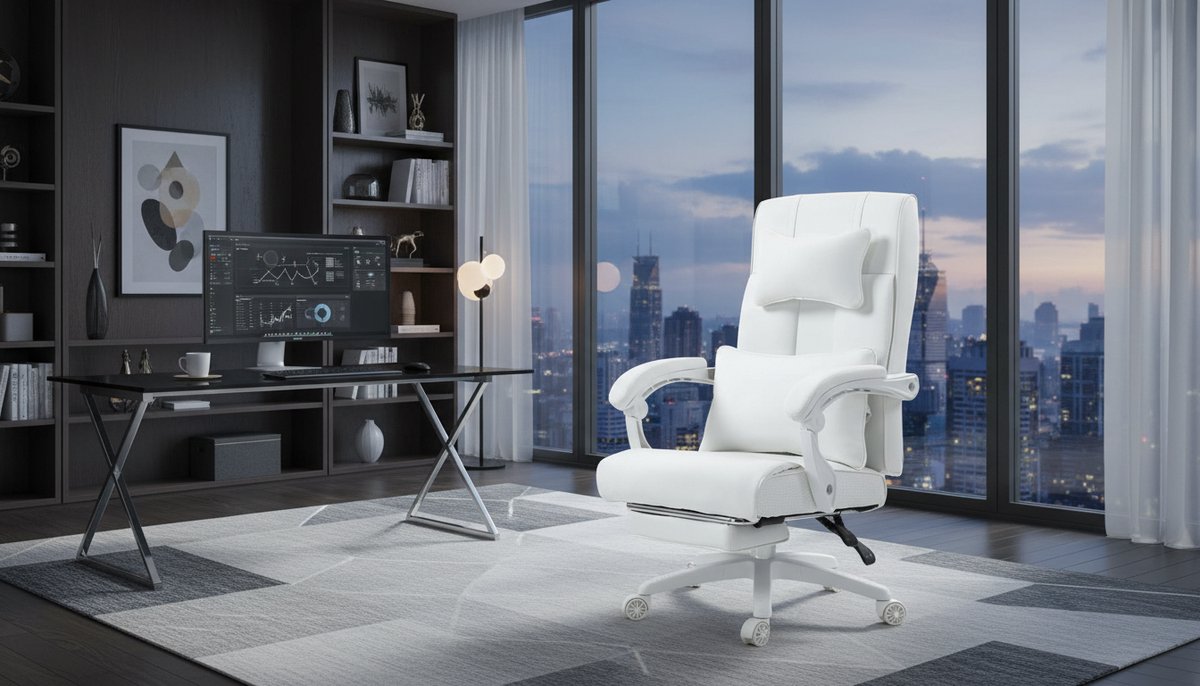 Directiestoel Casa Velluto Executive Comfort – Ergonomische bureaustoel met hoofdsteun, verstelbare lendensteun en voetensteun – Draaistoel computerstoel hoge rugleuning – Belastbaar tot 150 kg – Wit