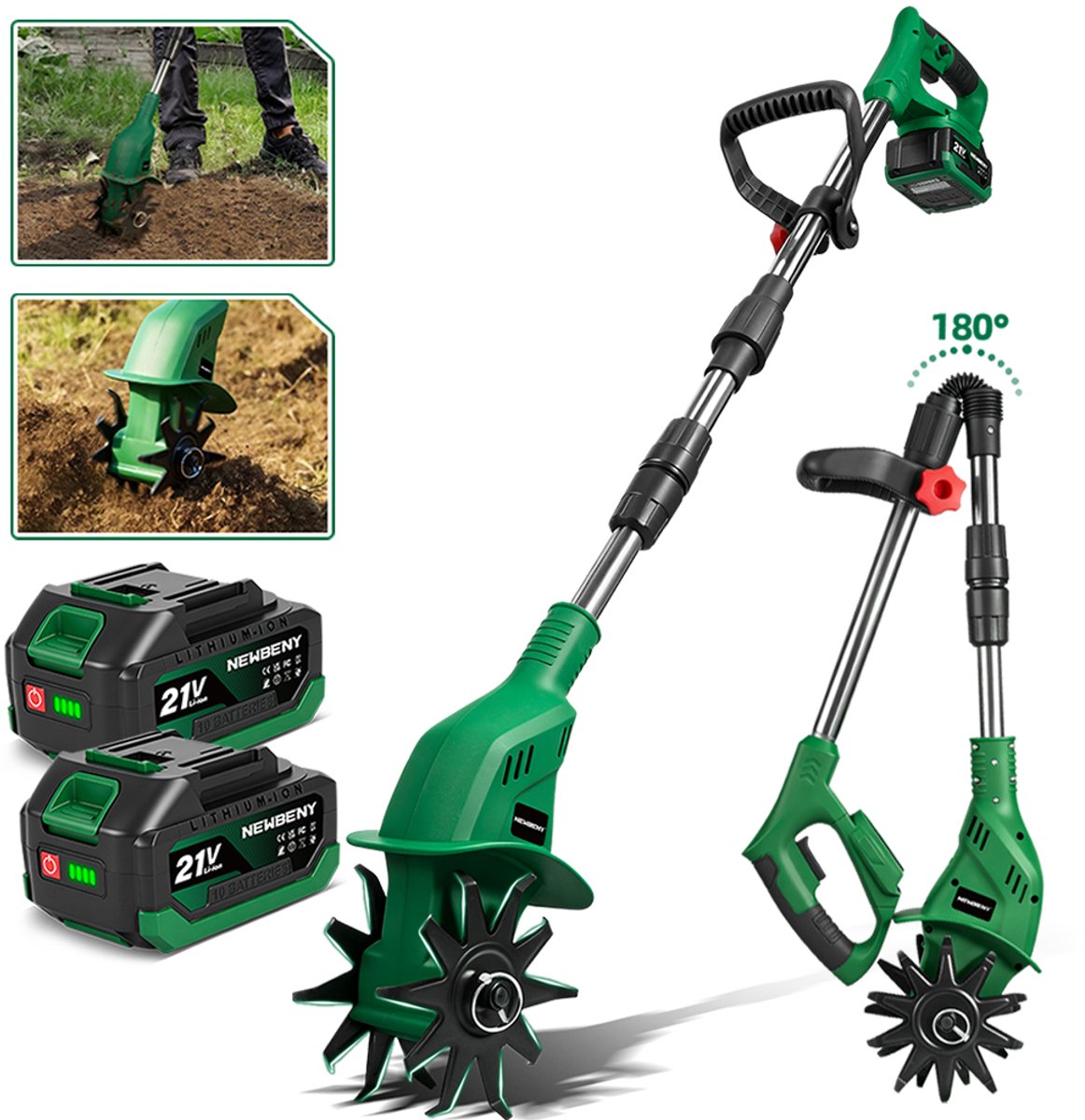 NewBeny Accu Grondfrees - Elektrische motorhak - 660 tpm Tuinfrees - met 2x Accu's - 15 cm grondbewerkingsdiepte, 10 cm bewerkingsbreedte