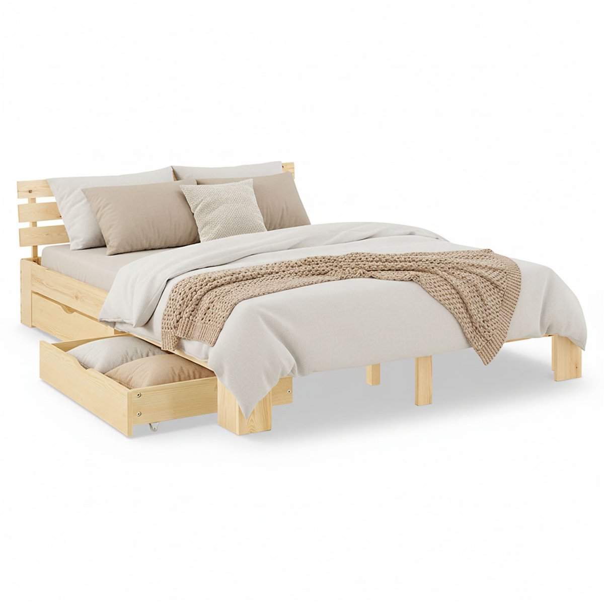 Homestyle4u Tweepersoonsbed - 160x200 cm - Bed met 2 bedbakken - Natuur