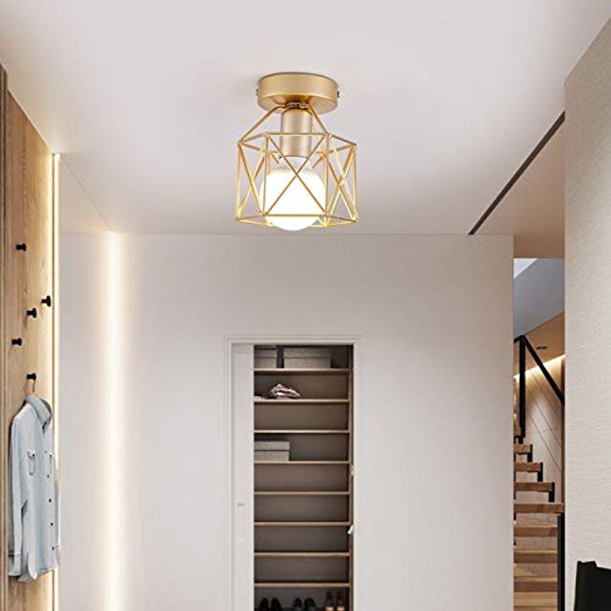 Halfverzonken plafondlamp - Halverlichting - Plafondarmaturen - Hanglamp met metalen kooi voor landelijke keuken, slaapkamer, hal, garage, veranda, goud