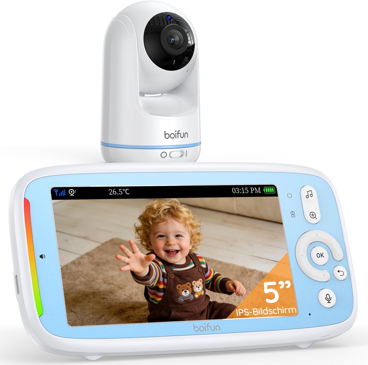 BOIFUN Babyfoon - Baby Monitor - Ultrahelder Nachtzicht - PTZ 360° - 3× Zoom - Zonder Wifi - Geluids-/Temperatuurdetectie - Tweeweg Audio