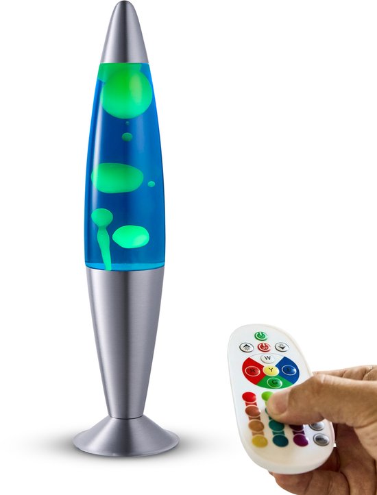 Zilveren lavalamp met blauwe vloeistof en groene lava, inclusief afstandsbediening.