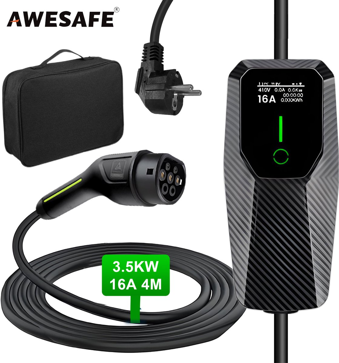 Awesafe Laadkabel Auto - Mobiele Thuislader EV-Lader Type 2 - Geschikt Voor Elektrische Auto - 3.5 kW - Waterdicht - 4M - 6A/8A/10A/13A/16A Schakelbaar - Met handtas - Zwart