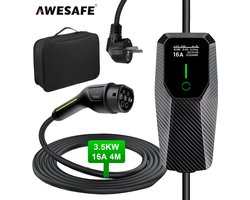 Awesafe Laadkabel Auto - Mobiele Thuislader EV-Lader Type 2 - Geschikt Voor Elektrische Auto - 3.5 kW - Waterdicht - 4M - 6A/8A/10A/13A/16A Schakelbaar - Met handtas - Zwart