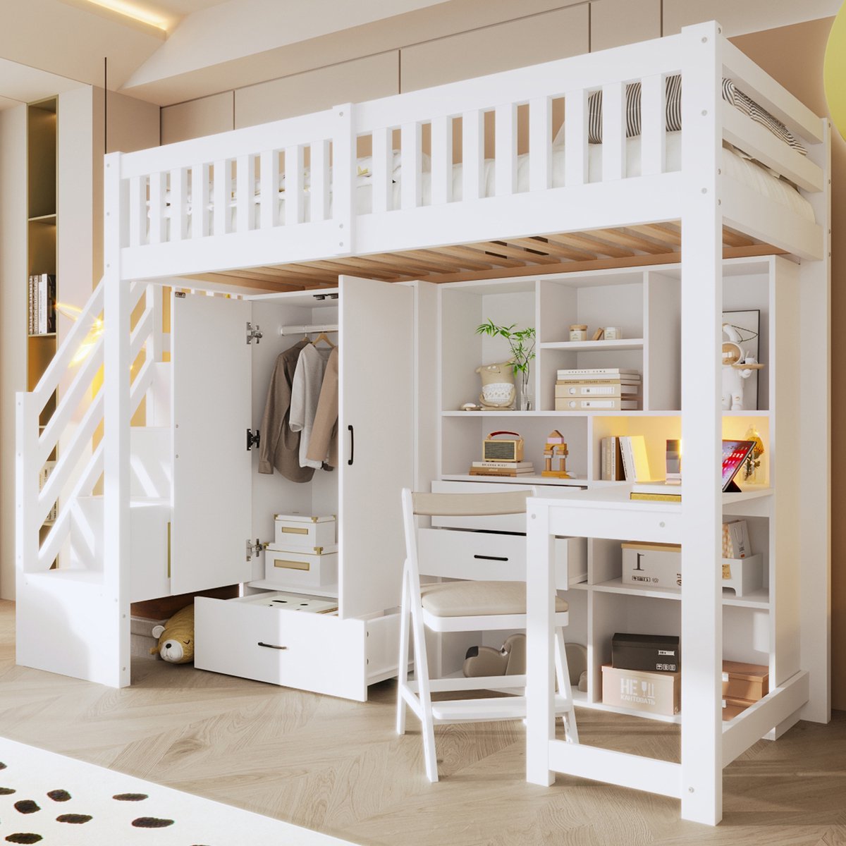 Wishdor Hoogslaper - 90 x 200 cm - Met Opbergladder, Kledingkast en Bureau - Grenenhout/MDF Wit - Lades en Opbergvakken - Veiligheidshek Rondom - Ruimtebesparend voor Kinderkamer - Stabiel tot 120 kg